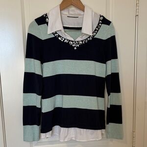 INC Rayon Two-in-One Striped Sweater Embellished Neck Navy/Mint Medium